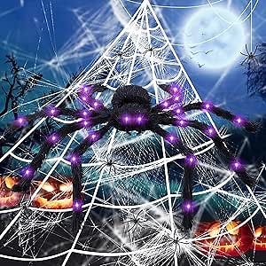 Spider Webs Halloween Decorations, 59'' Light-up Giant Spider + 236'' Giant Triangular Spider Web + 0.08lb Stretch Cobwebs for Indoor and Outdoor Patio Party Haunted House Decoration