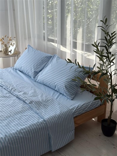 Striped Light Blue Bedding Set: Cotton Duvet Cover Zipper Closure, Flat or Fitted Sheet and 2 Pillowcases, New Home Gift for Men