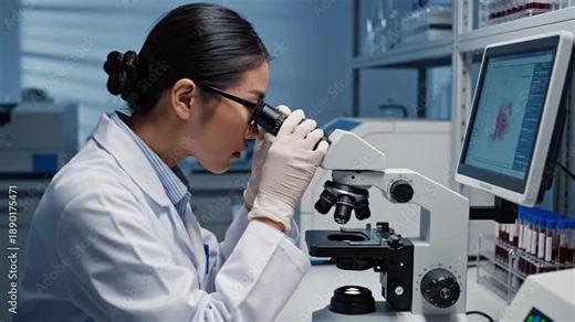 Professional Asian woman researcher or medical specialist analyzing liquid blood specimens in glass laboratory vials using advanced microscope technology within clinical research facility.