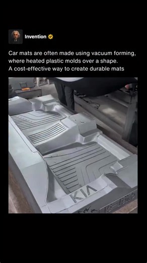Invention on Instagram: "Car mats are often made using vacuum forming, a process in which a plastic sheet is heated to a pliable state and then shaped over a mold. The mold can be custom-made to match the desired contour and design of the mat. Once the heated plastic is stretched over the mold, it cools and hardens, forming a precise and durable shape. This process allows manufacturers to produce car mats with a high level of accuracy and detail, which is important for ensuring a proper fit in d