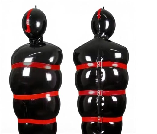 Sexy Full Body Black Latex womens mens Catsuit Inflatable Sleeping Sack Bag with Red Straps and Zipper customize