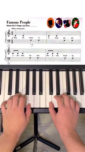 Lessons In Your Home on Instagram: "How to Play: Famous People This simple yet charming piece provides accessible practice in counting eighth notes (quavers) and quarter notes (crotchets) - from Faber Piano Adventures lesson book 2A. #piano #faber #pianolessons #musiceducation #musictheory #homelearning #videos #reels #foryoupage"