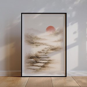 Art mural japonais zen chemin de pierre, impression de paysage minimaliste aquarelle soleil rouge Japandi - Etsy France
