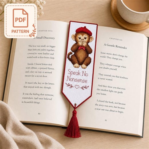 Monkey Bookmark Cross Stitch Pattern PDF, Speak No Nonsense, Funny Animal Bookmark, No Evil Set, Cute Cross Stitch Bookmark,Instant Download