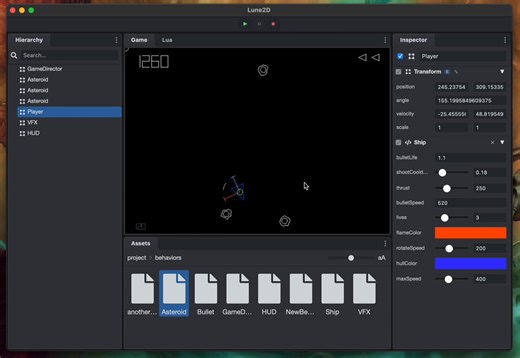 Made some more progress on my 2D unity-like lua game engine.Added script inspector fields, asset browser, transform gizmos, sprites, and more