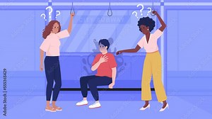 Animated health issue illustration. Panic attack on public transport. Sudden anxiety. Looped flat color 2D cartoon characters animation with subway on background. HD video with alpha channel