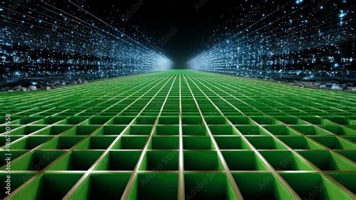 Digital Pathway: An artistic representation of data streaming through a digital highway, where the green data network stretches endlessly toward the unseen digital world.