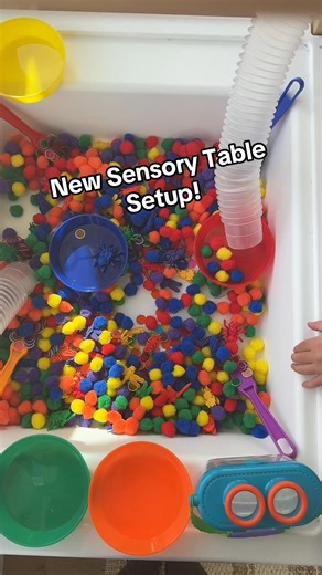New sensory table setup 💥 Pom-poms matching bug counters, color-sort bowls, tweezers, magnetic bingo chips with magnet wands, and our Guidecraft sensory table with discovery tubes. We sort by color, count as we go, and use tweezers for that fine-motor squeeze—then “whoosh” the chips up with the magnet wand. So simple, so satisfying. 🧲✨ Everything I used is in my Amazon storefront. | Preschool Vibes