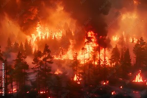 An intense forest fire scene with flames engulfing trees, dramatic lighting, and a smoky atmosphere, highlighting an environmental crisis.