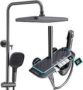 Shower System Thermostatic Piano Shower Faucet Set with Digital Display Rain Shower Combo Set Wall Mounted Gray Shower System with LED Ambient Lights, 13" Shower Head, 3 Mode Handheld, Tub Spout