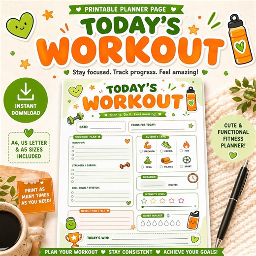 Cute Workout Planner Printable, Daily Fitness Tracker PDF, Gym Log Sheet, A4 US Letter, Exercise , Instant Download, Weight Loss Planner