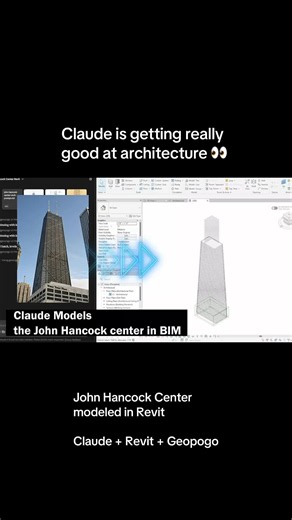 Claude models the John Hancock Center directly in Revit. 🏙️ Using a reference image and the Geopogo Claude-to-Revit plugin, Claude created the tower’s native BIM geometry—including its tapered form, stacked floors and iconic structural expression. This isn’t just a rendered image or generic 3D model. It’s editable geometry created inside Revit. Get the plugin: https://geopogo.com/ #Revit #AutodeskRevit #ClaudeAI #BIM #Architecture