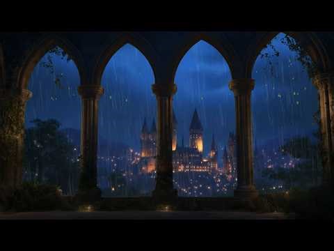 🌧️ Rain on Window at Hogwarts Castle 🏰 Thunder & Wind Sounds for Deep Sleep | Harry Potter Ambience