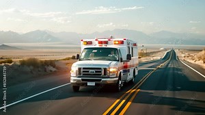 An ambulance races through the desert on a highway, An ambulance speeding down a deserted highway