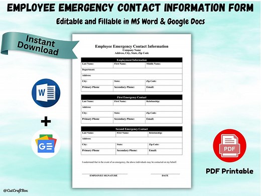 Editable Employee Emergency Contact Form: HR Template (US Letter & A4) (digital Download - Etsy