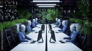 3d animation of humanoid robots working in modern office, future concept