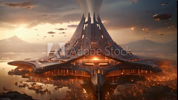 In this photo, a futuristic sci-fi spacecraft can be seen soaring through the air above an otherworldly alien landscape, The war in the future, AI Generated