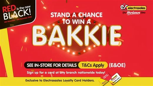 🛻 𝗦𝗧𝗔𝗡𝗗 𝗔 𝗖𝗛𝗔𝗡𝗖𝗘 𝗧𝗢 𝗪𝗜𝗡 𝗔 𝗕𝗔𝗞𝗞𝗜𝗘!🔴 Red is the New Black. Electrosales is breaking the norm, we’re turning everyday shopping into life-changing opportunities. 💥 Here’s what’s up for grabs - 1 x Toyota Hilux Single Cab - 2 x Suzuki Super Carry Contractor's Trucks - 25 x 5kVA Solar Systems - 1 per branch - 4 x 40 litres of Dulux Luxurious Silk Paint - 1 x 3 months Fibronix Family Entertainment Package - Weekly hampers and Electrosales gift vouchers 💡 How to enter: 🛒 Spe