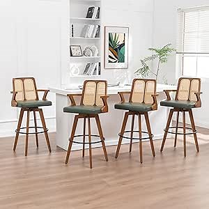 Bar Stools Set of 4 - 30 inch Swivel Rattan bar Stools with Cane Back, Curved Arms, Upholstered Seat, Adjustable Bamboo Legs, Kitchen Bar Stools for Bar/ Pub/Island/Cafe (30" Seat Height, Green)