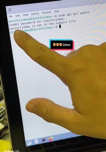 Learning Linux: User is not on the sudoers file. 🤯 #cysstttjvboy #ITSupport #Linux #sudo #debian13