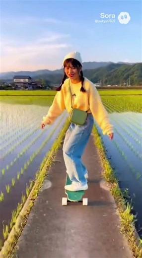 お姉さんがスケボーに乗っていたらすべって田んぼに落ちる‼️