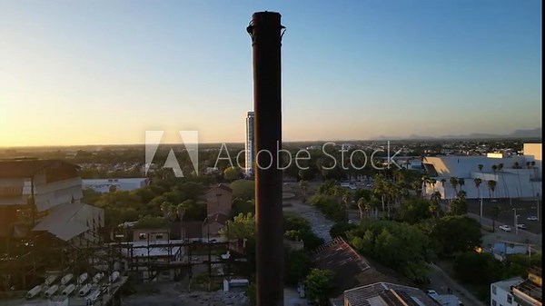 chimney of the old sugar mill in the city of Los Mochis contrasting with the San Bernardo Tower, the ancient and the modern