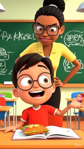 Short Description:“Cartoon boy gets caught eating snacks in class and gives a funny excuse.” 😂