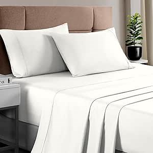 Pizuna Pure 100% Cotton Twin Bed Sheet Set Off White, Luxurious 400 Thread Count Long Staple Cotton Sateen Sheets Twin with 15" Deep Pocket (Combed Cotton Bed Sheet Set)