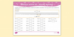 Missing Numbers Addition within 50 Activity Sheet