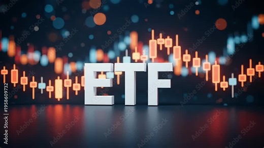 3d rendering of etf text with stock market candlestick chart background