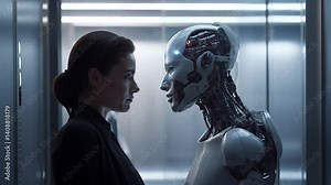 Close-up of a woman in a suit and humanoid robot, making eye contact and making gestures like they are going to kiss each other. Concept of a robot learning to interact with humans