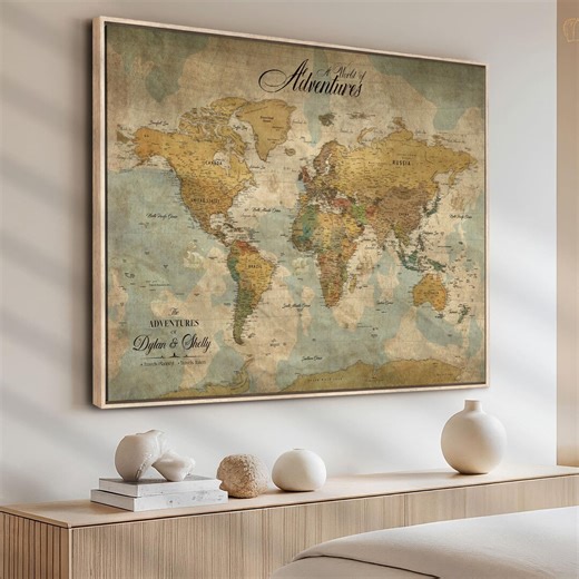 Personalized Push Pin World Map – Vintage Travel Canvas Print - Etsy