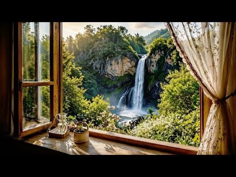 🪟 Peaceful Waterfall View from Cozy Window | Real Waterfall Sounds & Gentle Forest Nature Ambience