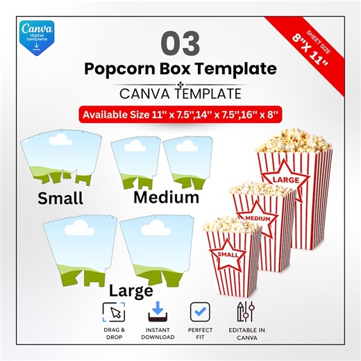 Popcorn Box Template Bundle, Editable Canva Popcorn Favor Box, Small Medium Large Snack Box Template, Movie Night Party Favor - Etsy Canada