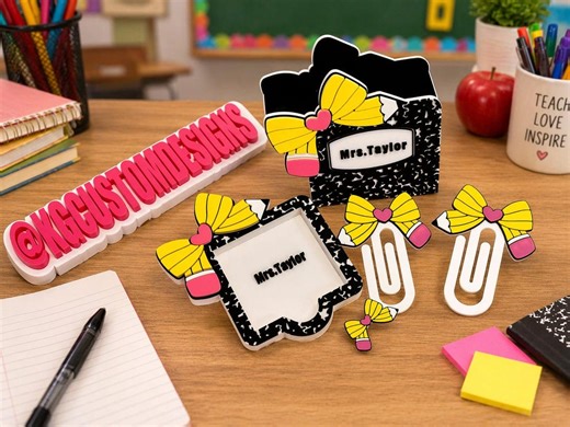 Personalized Teacher Desk Set – Pencil Holder, Straw Topper & Paperclips - Etsy
