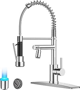 FORIOUS Kitchen Faucets, Contemporary Kitchen Sink Faucet, Commercial Kitchen Faucets with Sprayer, Stainless Steel Pull Down Sink Faucets with LED Sprayer Head, Chrome
