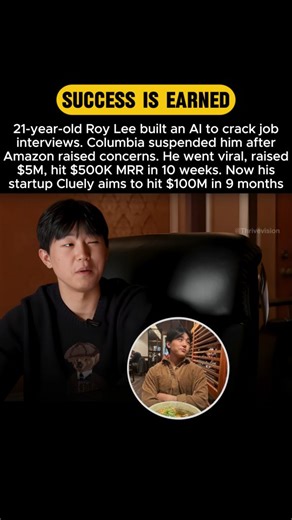 Thrive Vision on Instagram: "At just 21, Roy Lee created Cluely, an AI tool that helps users crack job interviews with smart simulations. After going viral on TikTok, he raised $5M in funding and hit $500K in monthly revenue within just 10 weeks. But it wasn’t smooth Columbia University suspended him, and Amazon raised concerns about the tool’s fairness. Instead of stopping, Roy scaled up. Now Cluely is on track to hit $100 million in valuation within 9 months, reshaping how people prepare for h