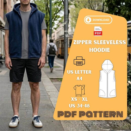 Sleeveless Zip Hoodie Sewing Pattern PDF XS XL - Etsy
