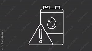 Animated battery fire white icon. Explosion risk sign line animation. Product safety regulation. Flammability hazard. Isolated illustration on dark background. Transition alpha video. Motion graphic