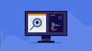 Computer screen showing coding and programming, bug fixing and software app glitch, finding error on web development, testing api integration system conceptual internet technology video animation.