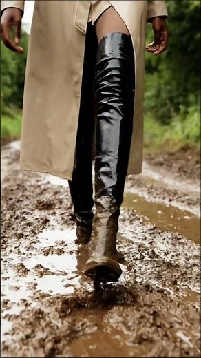 👢🌧️ AI Leather Overknee High Heel Boots Walk Through Deep Mud | Cinematic Steps #ai #boots #mud