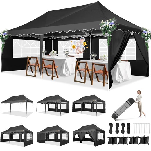 COBIZI 10X20 Pop up Canopy Tent with 6 Removable Side Walls Heavy Duty,Waterproof Adjustable Outdoor Event Party tent Parties,Commercial Instant Portable,Weddings,Camping,with Wheeled Bag,Black