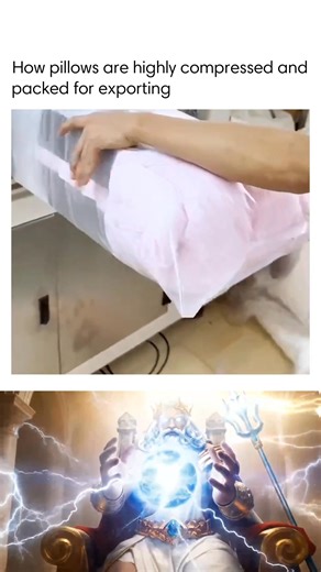 Scifactism on Instagram: "A high-pressure hydraulic compression machine is used to compact soft pillows to a fraction of their original size for efficient packaging and export. Freshly filled pillows are placed inside a reinforced steel chamber, where a heavy-duty platen lowers with controlled force. This pressure pushes out trapped air, flattening the pillows while keeping their structure intact for full loft recovery later. After compression, the pillows are vacuum-sealed in airtight plastic t