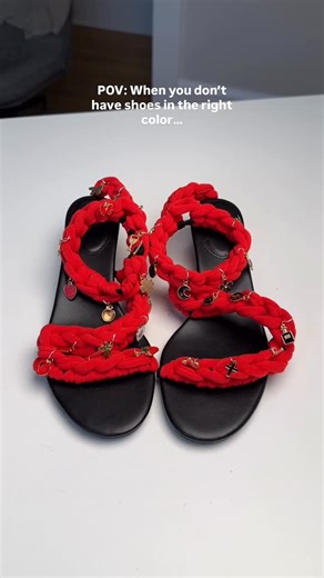 Tanya Bazyl on Instagram: "Easy DIY idea for your favorite shoes ♥️ #diy #explorepage✨ #fashion #upcycle #red #shoe #hairaccesories #hairties #fashionhacks DIY shoes idea, upcycle your shoes, hair accessories for shoes, sandals diy idea"