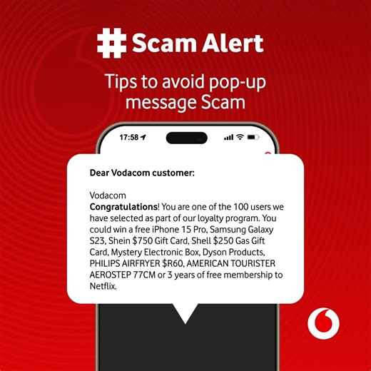 #ScamAlert ⚠️ Scammers are getting smarter with fake pop-up messages, DO NOT click on any messages asking for your personal info or claiming you have won a prize from Vodacom. ​ This is the latest scam doing the rounds. https://bit.ly/4eVUIQC | Vodacom