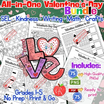 Valentine’s Day Kindness SEL Craft Writing Math Activities Bundle Grades 1-5