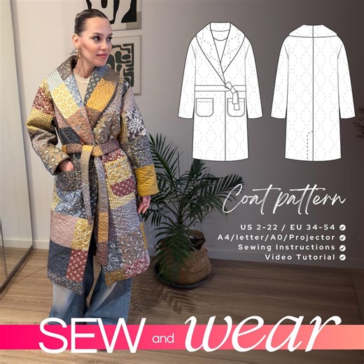 Iris Quilted Coat Sewing Pattern PDF | Oversized Collar Wrap Coat | Sizes 34–54 | A0 A4 Letter Projector - Etsy