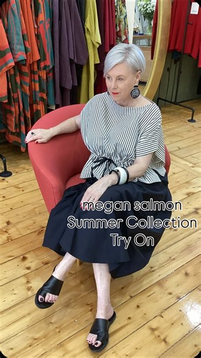 Deborah Gates on Instagram: "Last time I visited @megansalmondesign (Malvern boutique in Victoria) was during our winter and it was lovely to head back there this week to take a look and try on some of the Summer collection. I started with the amazing origami skirt with its architectural shape and drape. Paired her with a lovely shell top with a cinched in waist and added the rather special Mozart Jacket featuring a pleated collar and cropped length. Next I styled the Candy Stripe Tableau Top ov