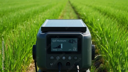 Close-up Video Clip of a Smart Soil Sensor in a Lush Green Field, Displaying Real-time Moisture, Temperature, and pH Data, Powered by Solar Energy. High-Resolution Footage for Agriculture Technology
