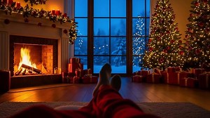 Download Cozy Christmas scene with fireplace and decorated Christmas trees for free